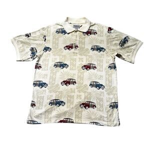 Windham Pointe Polo Shirt Mens M Beige Car Print Short Sleeve Cotton Blend Golf